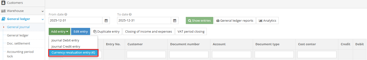 Currency correction entry creation window